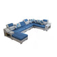 Divano in ecopelle e divano con chaise longue con braccioli e contenitori in blu