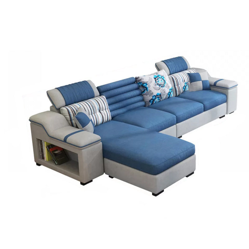 Divano in ecopelle e divano con chaise longue con braccioli e contenitori in blu