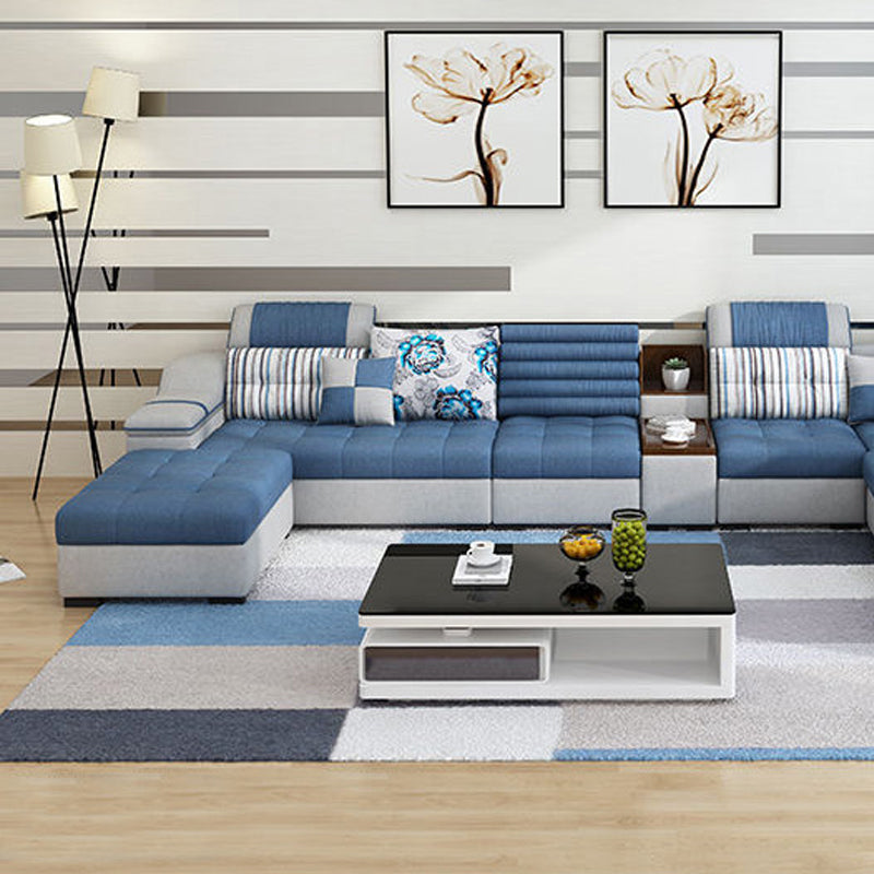 Divano in ecopelle e divano con chaise longue con braccioli e contenitori in blu