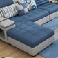 Divano in ecopelle e divano con chaise longue con braccioli e contenitori in blu