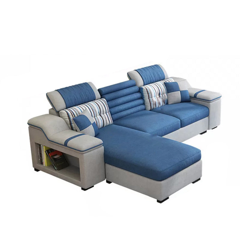 Divano in ecopelle e divano con chaise longue con braccioli e contenitori in blu