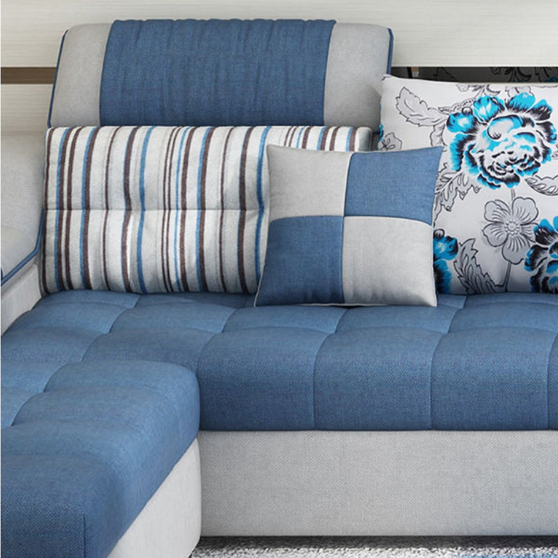 Divano in ecopelle e divano con chaise longue con braccioli e contenitori in blu
