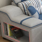 Divano in ecopelle e divano con chaise longue con braccioli e contenitori in blu