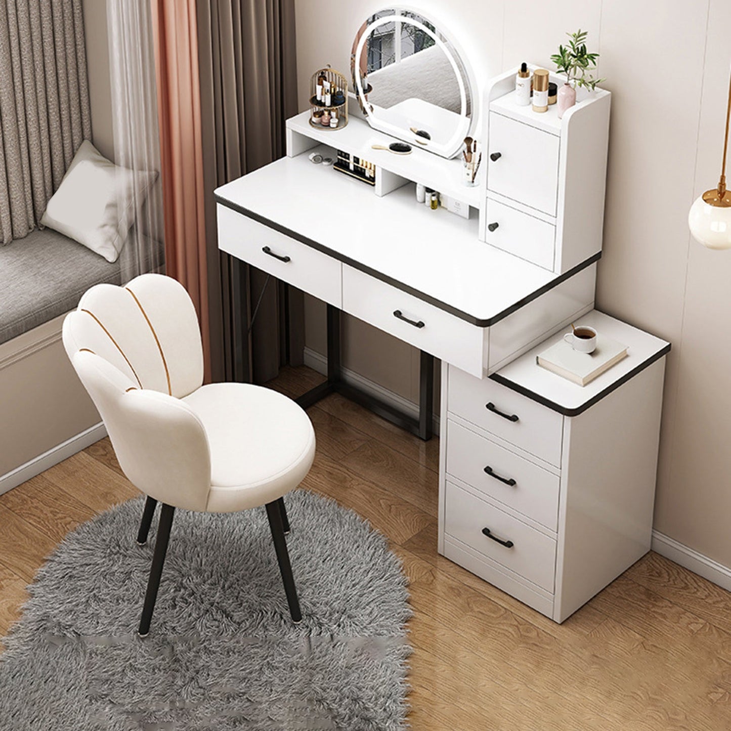 Contemporary Makeup Vanity Desk Table with 5 Drawers and Mirror