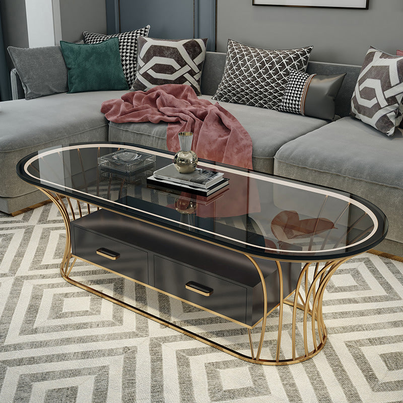 Glam Frame Single Coffee Table Oval Coffee Table with Drawer 47"L x 24"W x 18"H Black Glass Clearhalo 'Coffee & Accent Tables' 'Coffee Tables' 'coffee_tables' 'furn' 'furn_coffee_tables' 'Furniture' 'Living Room Furniture' 6816318