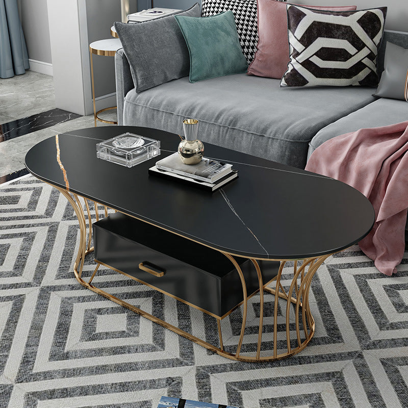 Glam Frame Single Coffee Table Oval Coffee Table with Drawer 39.5"L x 19.5"W x 18"H Black Stone Clearhalo 'Coffee & Accent Tables' 'Coffee Tables' 'coffee_tables' 'furn' 'furn_coffee_tables' 'Furniture' 'Living Room Furniture' 6816319