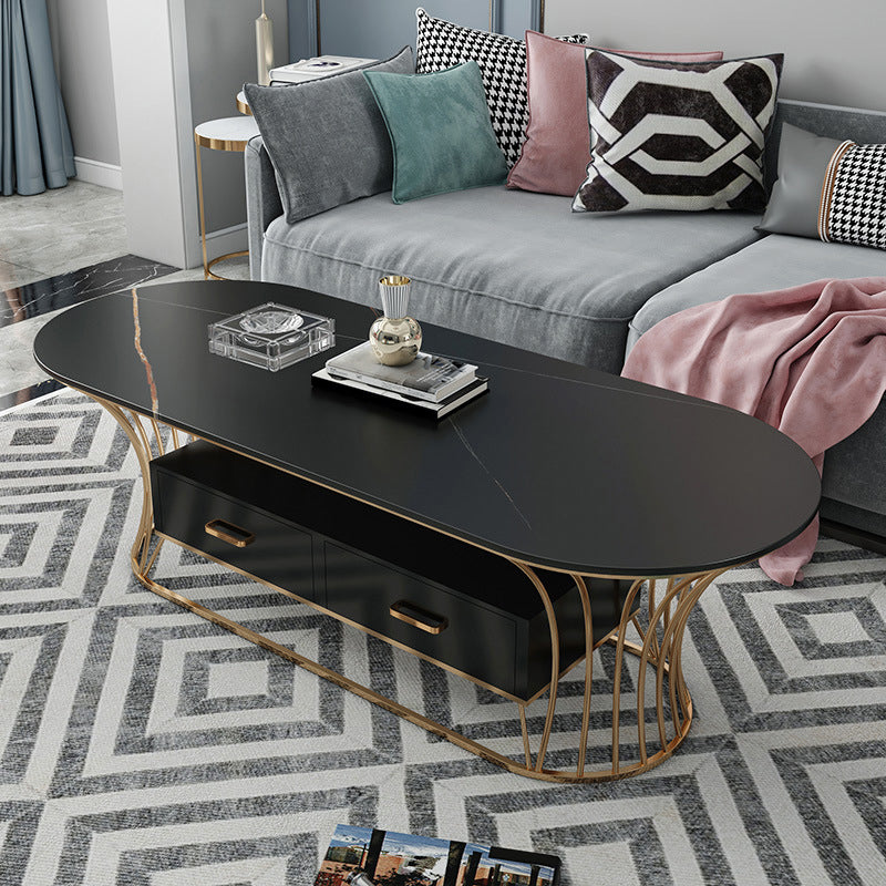 Glam Frame Single Coffee Table Oval Coffee Table with Drawer 47"L x 24"W x 18"H Black Stone Clearhalo 'Coffee & Accent Tables' 'Coffee Tables' 'coffee_tables' 'furn' 'furn_coffee_tables' 'Furniture' 'Living Room Furniture' 6816322