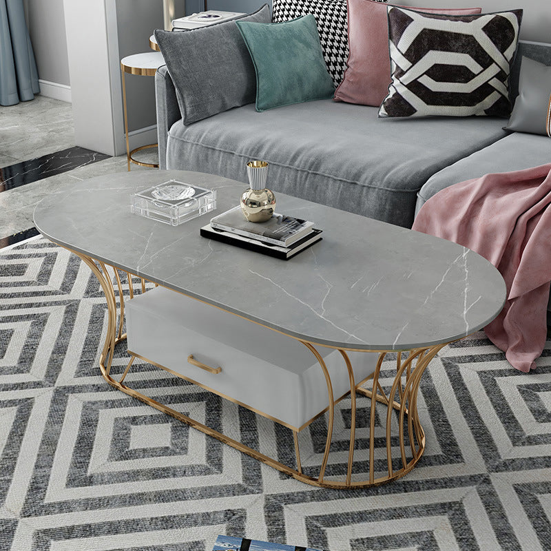 Glam Frame Single Coffee Table Oval Coffee Table with Drawer 39.5"L x 19.5"W x 18"H Grey Stone Clearhalo 'Coffee & Accent Tables' 'Coffee Tables' 'coffee_tables' 'furn' 'furn_coffee_tables' 'Furniture' 'Living Room Furniture' 6816323