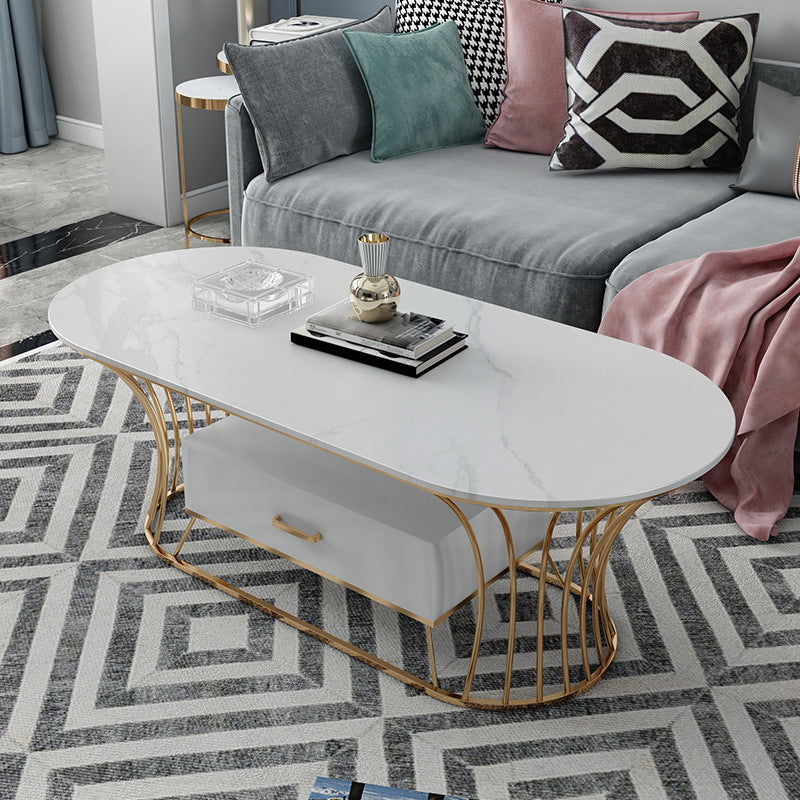Glam Frame Single Coffee Table Oval Coffee Table with Drawer 39.5"L x 19.5"W x 18"H White Stone Clearhalo 'Coffee & Accent Tables' 'Coffee Tables' 'coffee_tables' 'furn' 'furn_coffee_tables' 'Furniture' 'Living Room Furniture' 6816328