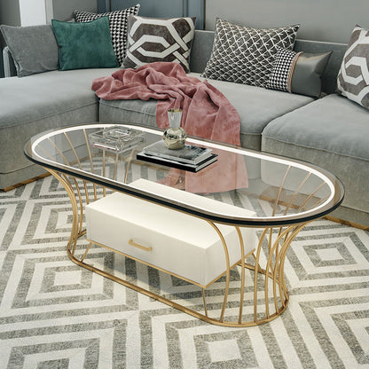 Glam Frame Single Coffee Table Oval Coffee Table with Drawer 39.5"L x 19.5"W x 18"H Clear Glass Clearhalo 'Coffee & Accent Tables' 'Coffee Tables' 'coffee_tables' 'furn' 'furn_coffee_tables' 'Furniture' 'Living Room Furniture' 6816339