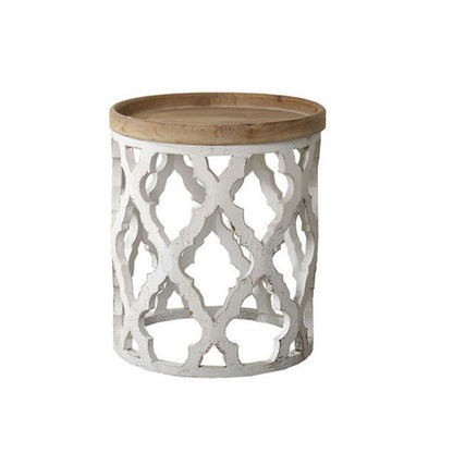 Rustic Style Sofa Side Accent Table Round Shape Metal and Wood Side Table 20"L x 20"W x 22"H White 1