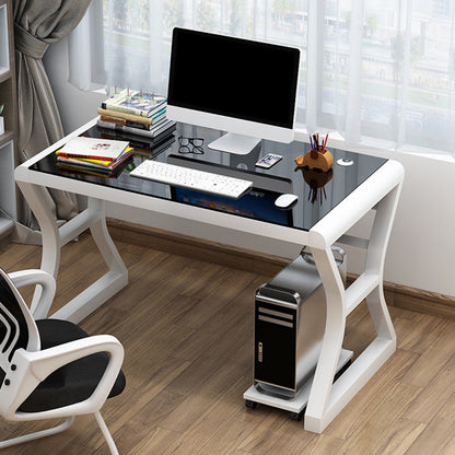 Glass-Top Contemporary Office Desk Antique Finish Computer Desk with Metal Legs White Black Clearhalo 'furn' 'furn_office_desk' 'Furniture' 'Office Desks' 'Office Furniture' 'office_desk' 6817760