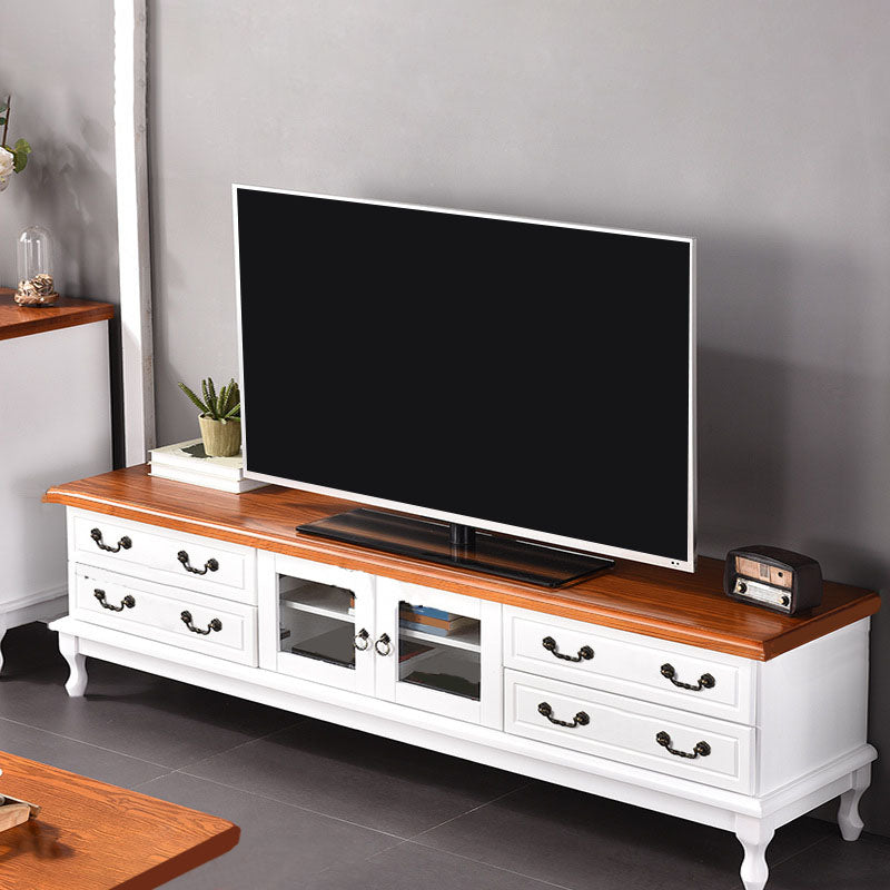 Wooden TV Stand Console Enclosed Storage TV Console with Drawers 79"L x 16"W x 20"H White-Yellow Clearhalo 'furn' 'furn_tv_stands_entertainment_centers' 'Furniture' 'Living Room Furniture' 'TV Stands & Entertainment Centers' 'TV Stands & Media Storage Furniture' 'tv_stands_entertainment_centers' 6822230