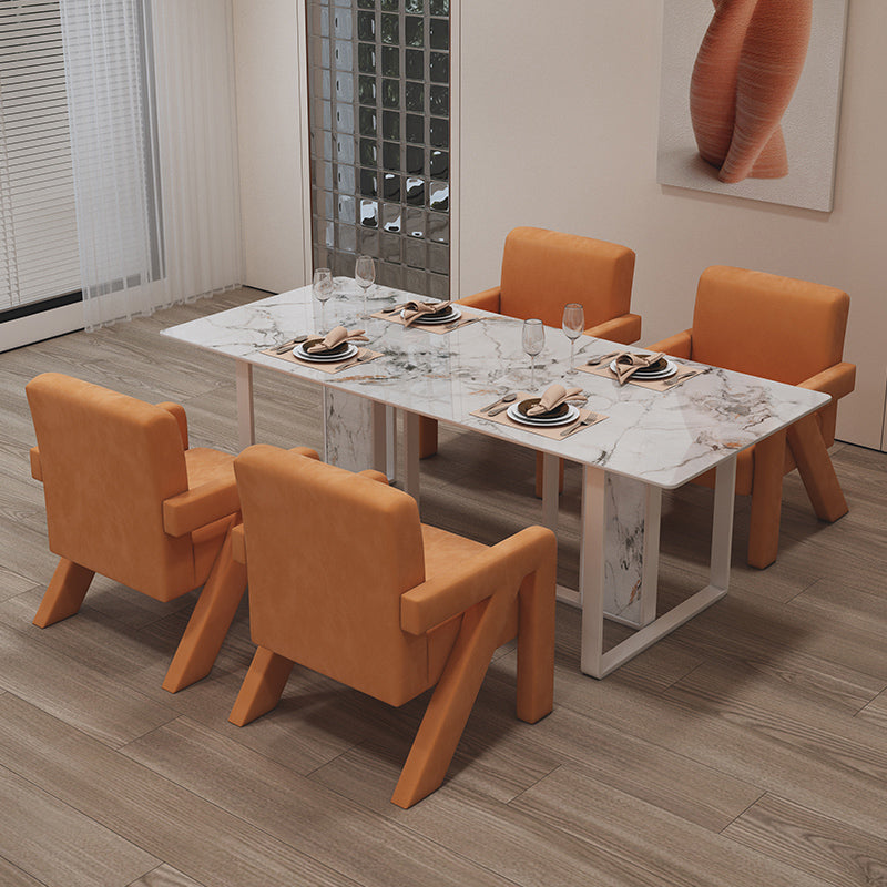 Nordic 1/5 Pieces Dining Set Stone Dining Table for Dining Room 5-Piece set: 1 Matte White Table+4 Brown Chairs Clearhalo 'Dining Room Sets' 'Dining Tables & Seating' 'dining_room_set' 'furn' 'furn_dining_room_set' 'Furniture' 'Kitchen & Dining Furniture' 6825901