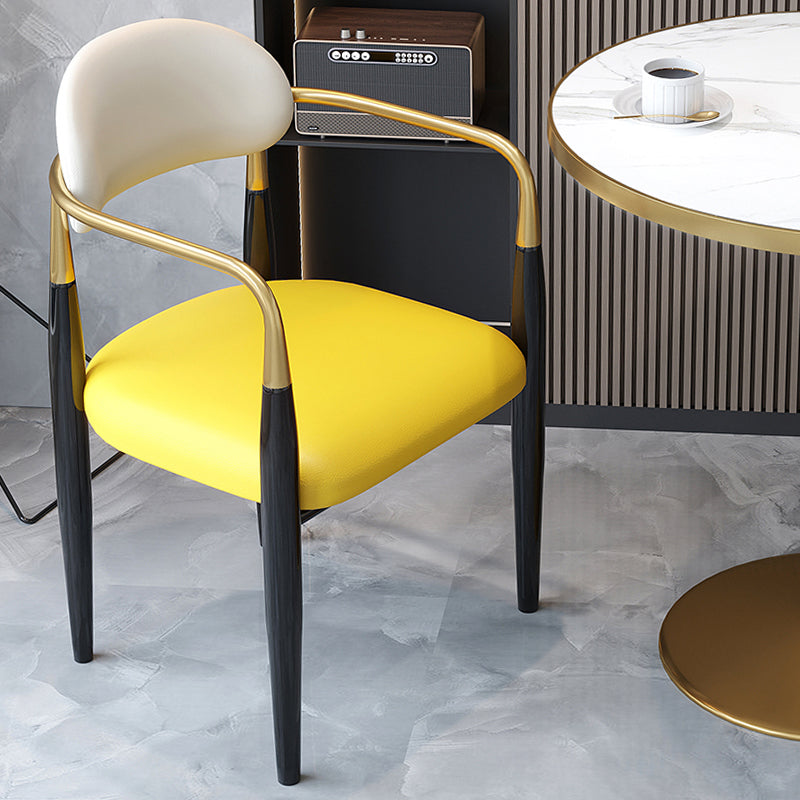 Contemporary Upholstered Arm Chair Home Metal Legs Dining Chair Yellow White Faux Leather 1 Piece Clearhalo 'Dining Chairs' 'Dining Tables & Seating' 'dining_chair' 'furn' 'furn_dining_chair' 'Furniture' 'Kitchen & Dining Furniture' 6827059