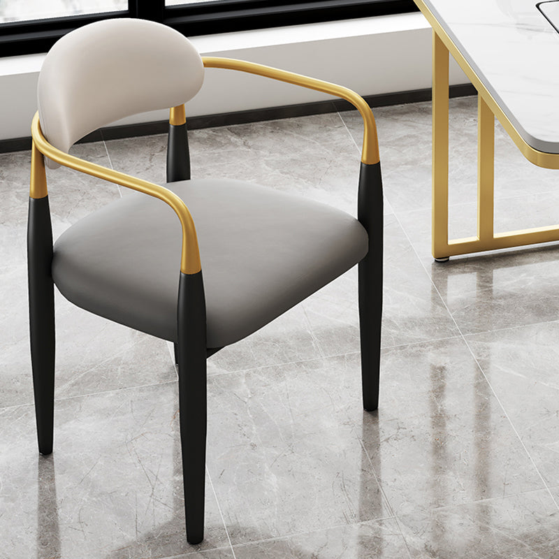 Contemporary Upholstered Arm Chair Home Metal Legs Dining Chair Gray-White Faux Leather 1 Piece Clearhalo 'Dining Chairs' 'Dining Tables & Seating' 'dining_chair' 'furn' 'furn_dining_chair' 'Furniture' 'Kitchen & Dining Furniture' 6827062