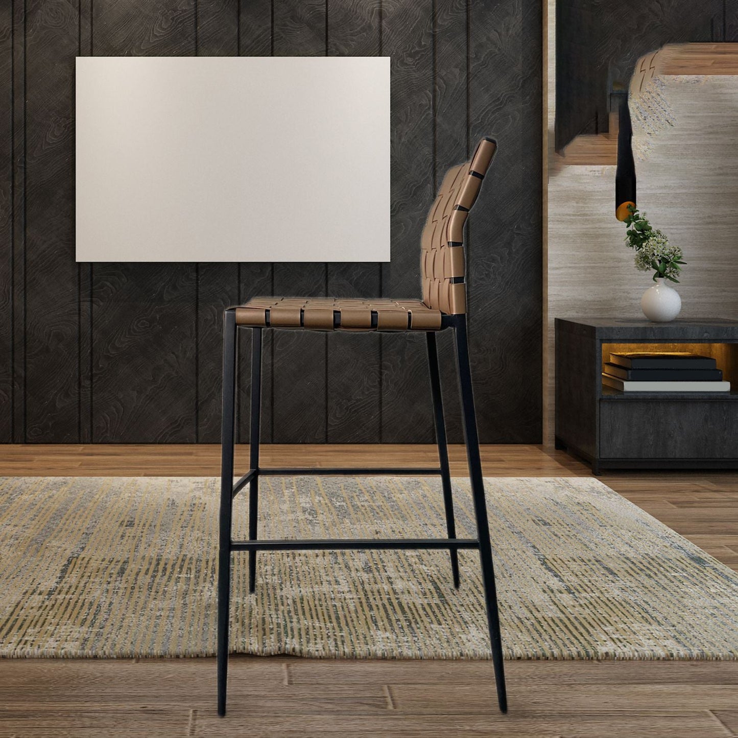 Sgabello da bar in pelle da bar senza sproolino in stile industriale con zampe metalliche