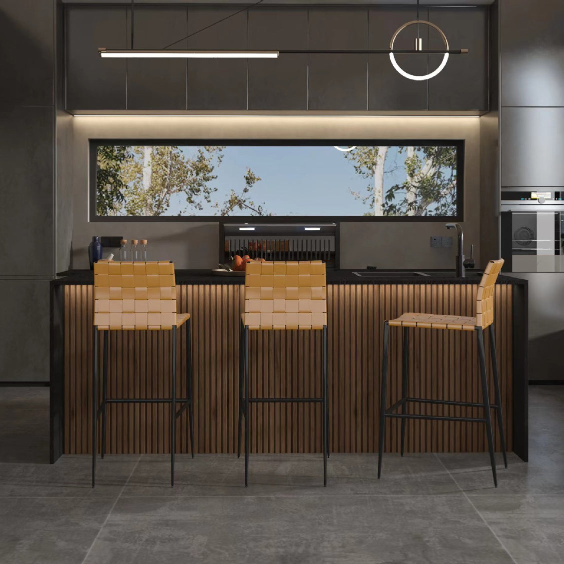 Sgabello da bar in pelle da bar senza sproolino in stile industriale con zampe metalliche