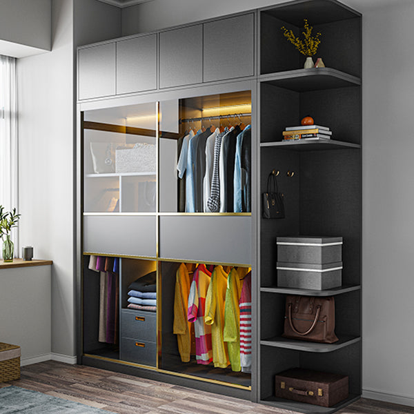 Grey Contemporary Wardrobe Closet Sliding Wardrobe Armoire with Drawer Clearhalo 'Armoires & Wardrobes' 'armoires_wardrobes' 'Bedroom Furniture' 'furn' 'furn_armoires_wardrobes' 'Furniture' 6832954