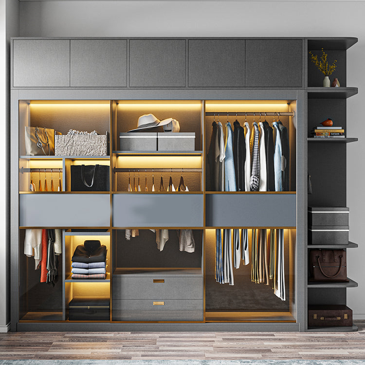 Grey Contemporary Wardrobe Closet Sliding Wardrobe Armoire with Drawer Clearhalo 'Armoires & Wardrobes' 'armoires_wardrobes' 'Bedroom Furniture' 'furn' 'furn_armoires_wardrobes' 'Furniture' 6832956