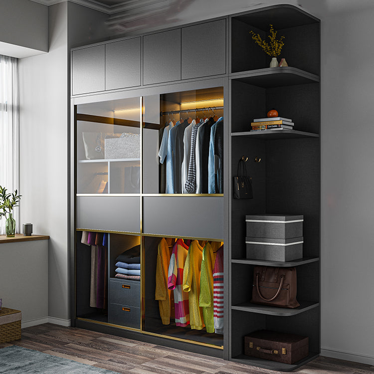 Grey Contemporary Wardrobe Closet Sliding Wardrobe Armoire with Drawer Clearhalo 'Armoires & Wardrobes' 'armoires_wardrobes' 'Bedroom Furniture' 'furn' 'furn_armoires_wardrobes' 'Furniture' 6832957