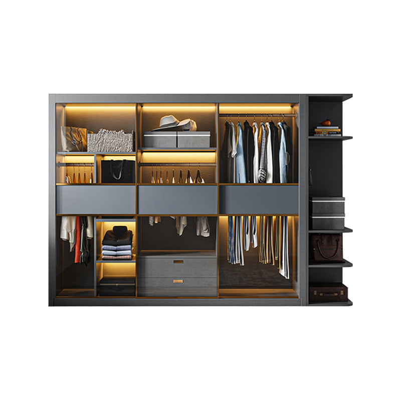 Grey Contemporary Wardrobe Closet Sliding Wardrobe Armoire with Drawer Armoire with Side Cabinet 79"L x 24"W x 83"H Clearhalo 'Armoires & Wardrobes' 'armoires_wardrobes' 'Bedroom Furniture' 'furn' 'furn_armoires_wardrobes' 'Furniture' 6832958