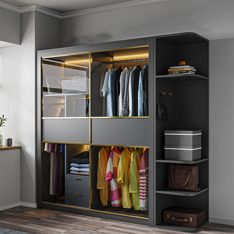 Grey Contemporary Wardrobe Closet Sliding Wardrobe Armoire with Drawer Clearhalo 'Armoires & Wardrobes' 'armoires_wardrobes' 'Bedroom Furniture' 'furn' 'furn_armoires_wardrobes' 'Furniture' 6832967