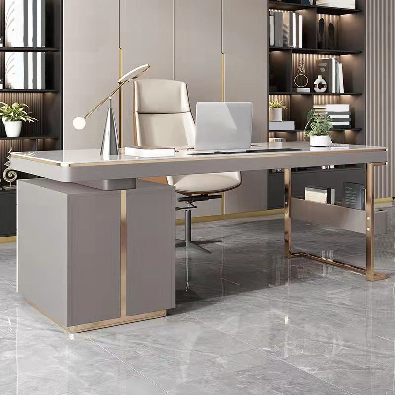 Rectangular Shaped Office Laptop Table Reversible Grey Writing Desk with 2 Drawers Clearhalo 'furn' 'furn_office_desk' 'Furniture' 'Office Desks' 'Office Furniture' 'office_desk' 6838073