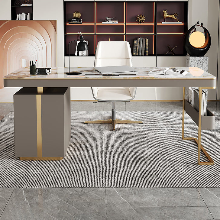 Rectangular Shaped Office Laptop Table Reversible Grey Writing Desk with 2 Drawers Clearhalo 'furn' 'furn_office_desk' 'Furniture' 'Office Desks' 'Office Furniture' 'office_desk' 6838084