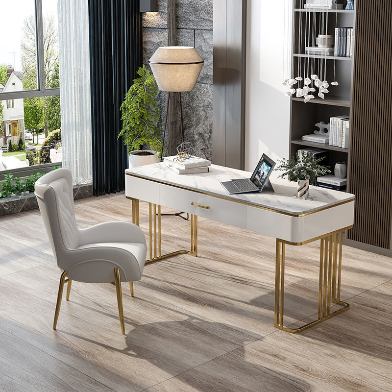 Stone Curved Office Desk Glam 1 Drawer Writing Desk with Sled Base 47.2"L x 23.6"W x 29.5"H Clearhalo 'furn' 'furn_office_desk' 'Furniture' 'Office Desks' 'Office Furniture' 'office_desk' 6838146