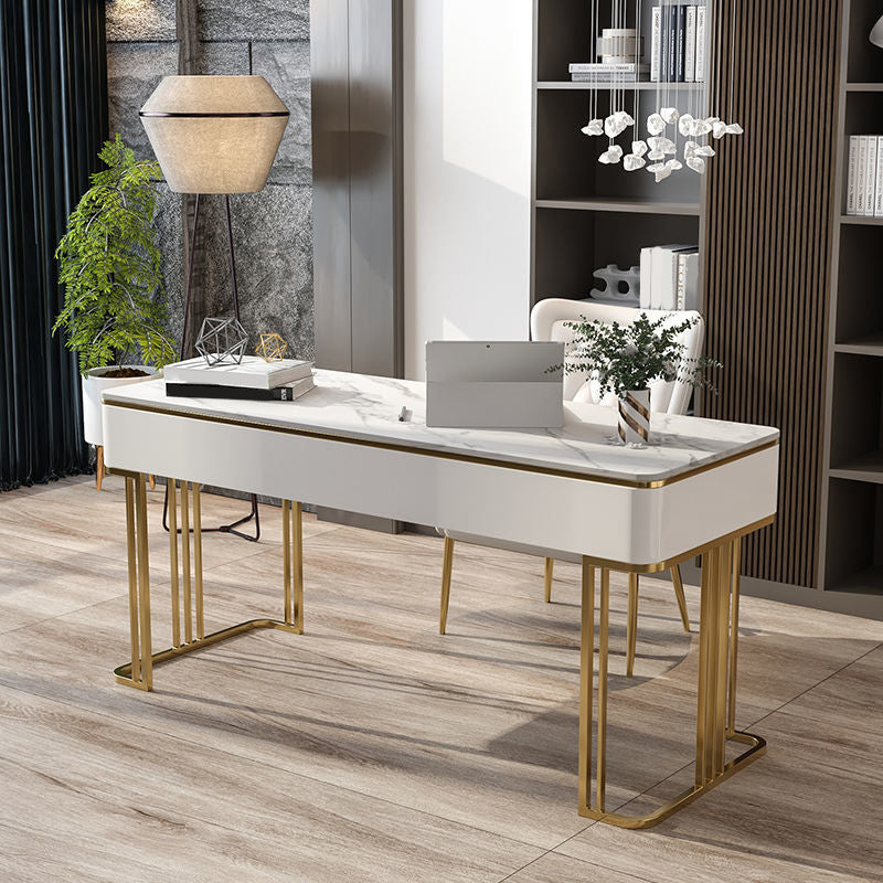 Stone Curved Office Desk Glam 1 Drawer Writing Desk with Sled Base 55.1"L x 23.6"W x 29.5"H Clearhalo 'furn' 'furn_office_desk' 'Furniture' 'Office Desks' 'Office Furniture' 'office_desk' 6838147