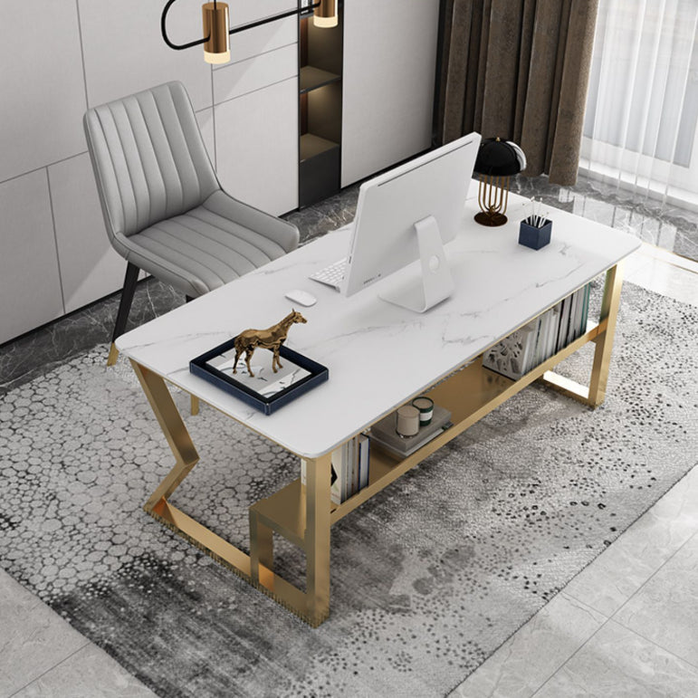 Glam Stone Office Desk Rectangular Golden Writing Desk for Office 47.2"L x 23.6"W x 29.5"H Drawer Not Included Clearhalo 'furn' 'furn_office_desk' 'Furniture' 'Office Desks' 'Office Furniture' 'office_desk' 6838300