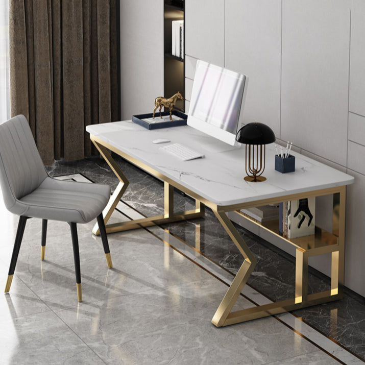 Glam Stone Office Desk Rectangular Golden Writing Desk for Office 70.9"L x 31.5"W x 29.5"H Drawer Not Included Clearhalo 'furn' 'furn_office_desk' 'Furniture' 'Office Desks' 'Office Furniture' 'office_desk' 6838302