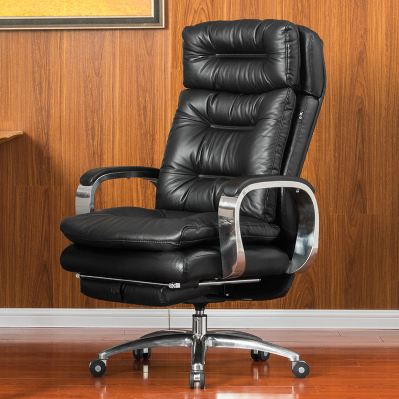 Fixed Arms Leather Desk Chair Modern Adjustable Seat Height Swivel Chair with Wheels Black Genuine Leather 1 Piece Clearhalo 'furn' 'furn_office_chair' 'Furniture' 'Office Chairs' 'Office Furniture' 'office_chair' 6844714