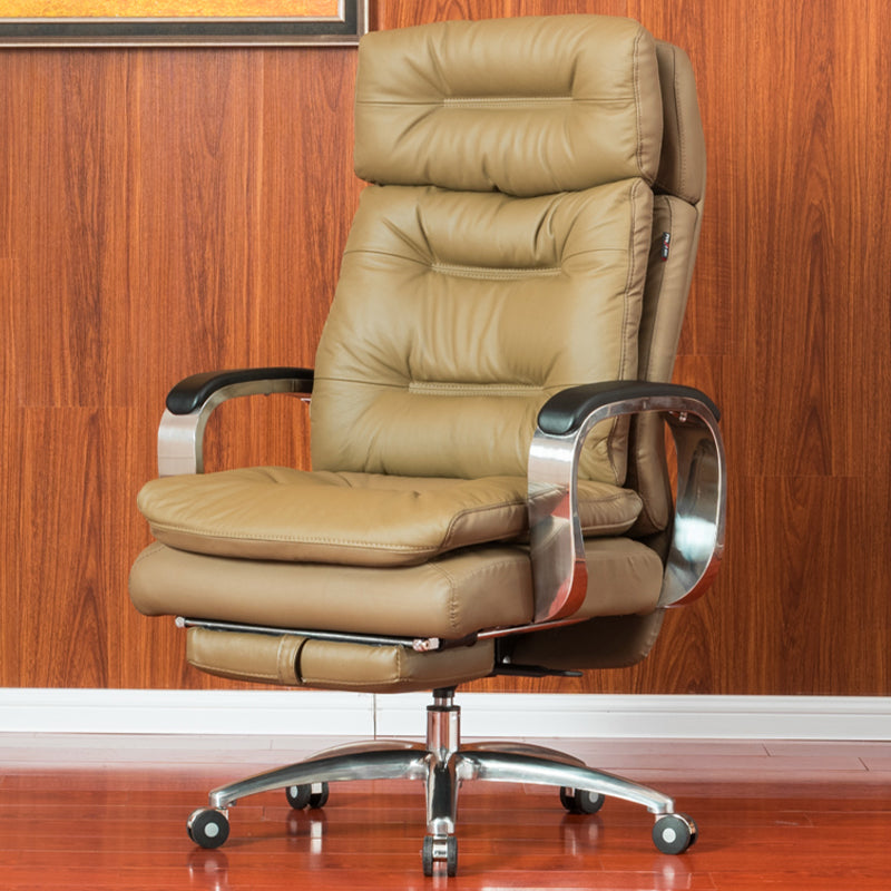 Fixed Arms Leather Desk Chair Modern Adjustable Seat Height Swivel Chair with Wheels Khaki Genuine Leather 1 Piece Clearhalo 'furn' 'furn_office_chair' 'Furniture' 'Office Chairs' 'Office Furniture' 'office_chair' 6844724