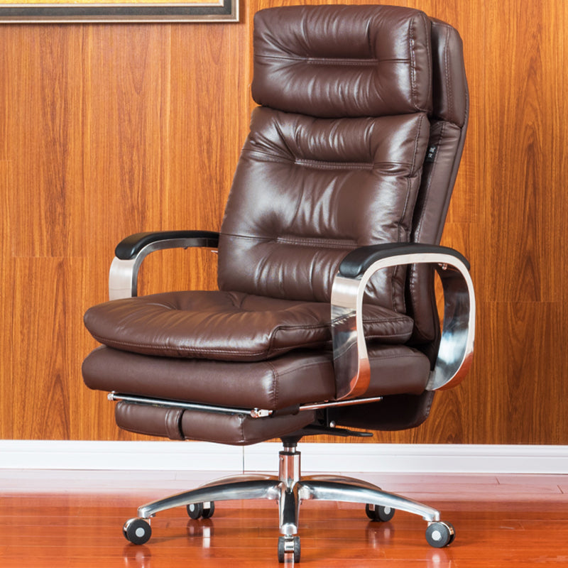 Fixed Arms Leather Desk Chair Modern Adjustable Seat Height Swivel Chair with Wheels Coffee Genuine Leather 1 Piece Clearhalo 'furn' 'furn_office_chair' 'Furniture' 'Office Chairs' 'Office Furniture' 'office_chair' 6844731