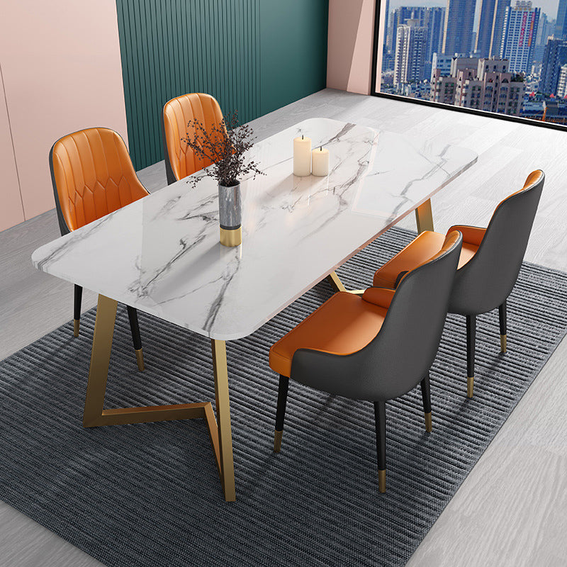 Nordic 1/2/5 Pieces Dining Set Rectangle Stone Dining Table for Kitchen 5 Pieces: Table, 4 Orange Chairs Clearhalo 'Dining Room Sets' 'Dining Tables & Seating' 'dining_room_set' 'furn' 'furn_dining_room_set' 'Furniture' 'Kitchen & Dining Furniture' 6846809