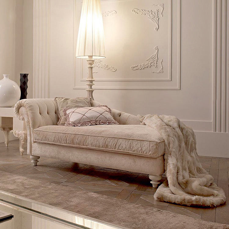 French Country Beige Chaise Lounge with Chenille for Bedroom and Living Room