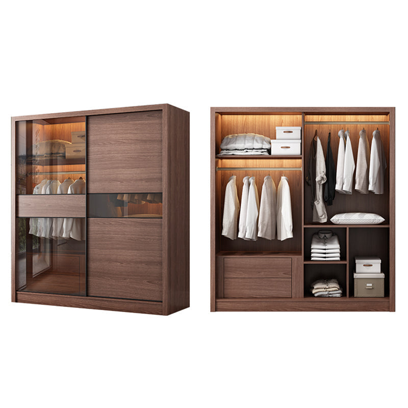 2 Glass Sliding Doors Wardrobe Modern Wood Wardrobe with Drawer