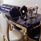 Luxe eettafel met gouden onderstel, keukentafel van imitatiemarmer