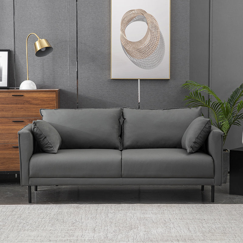 Contemporary Faux Leather Sofa with 2 Pillows Square Arm Settee