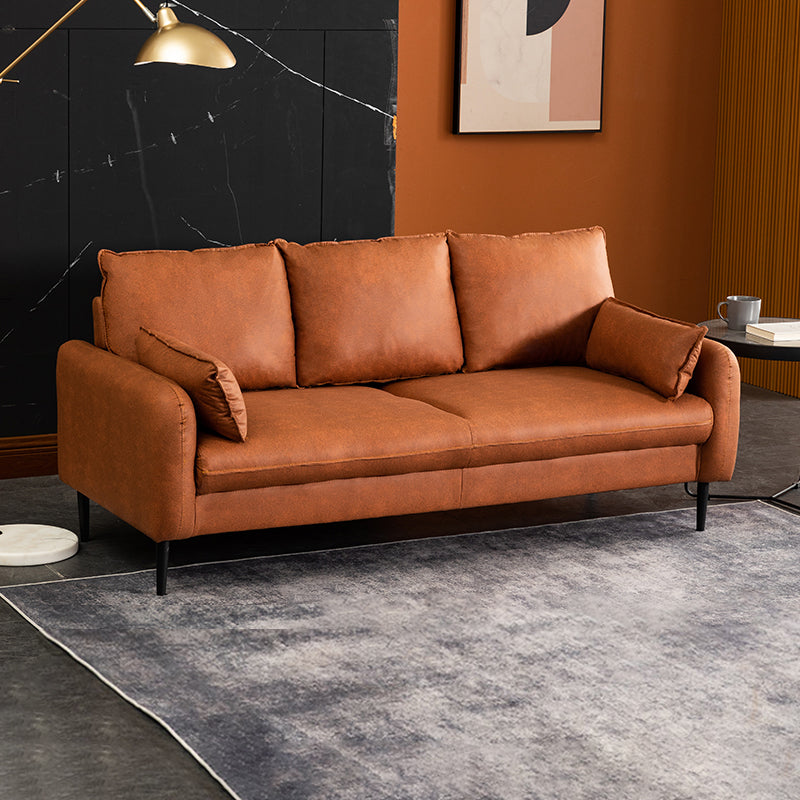 Contemporary Faux Leather Sofa with 3 Pillows Square Arm Living Room Settee