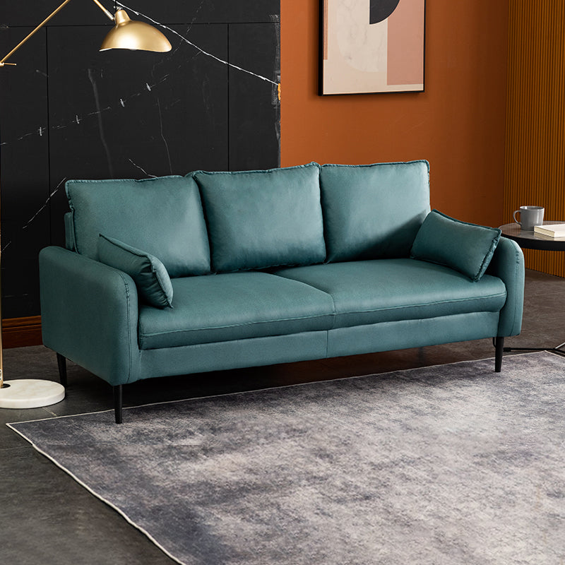 Contemporary Faux Leather Sofa with 3 Pillows Square Arm Living Room Settee