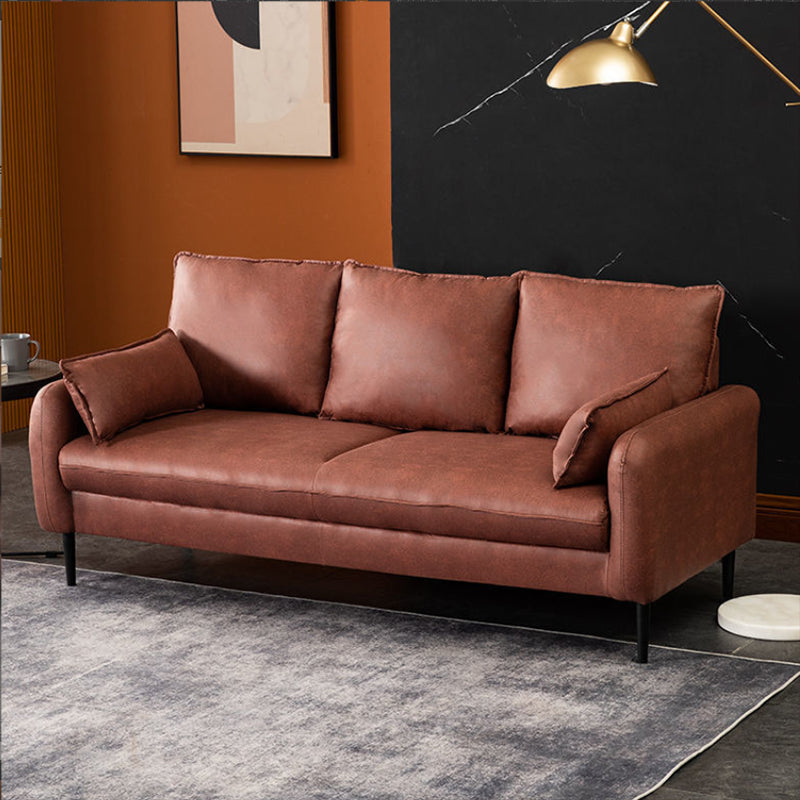 Contemporary Faux Leather Sofa with 3 Pillows Square Arm Living Room Settee
