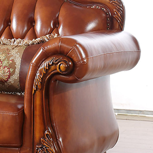 Genuine Leather Tufted Back Sofa Leather Round Arm Sofa in Brown