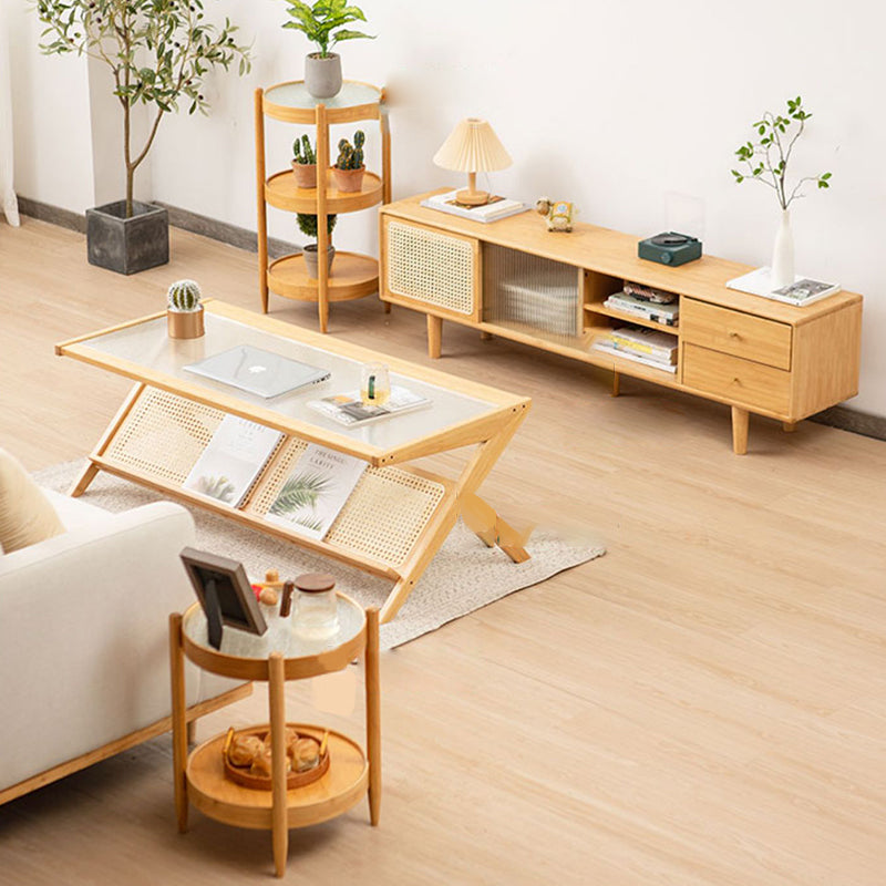 French Country Side Table Wood and Glass Round Accent Side Table