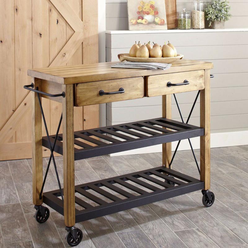 Massief houten glooiende keukeneiland moderne keuken trolley met handdoekrek