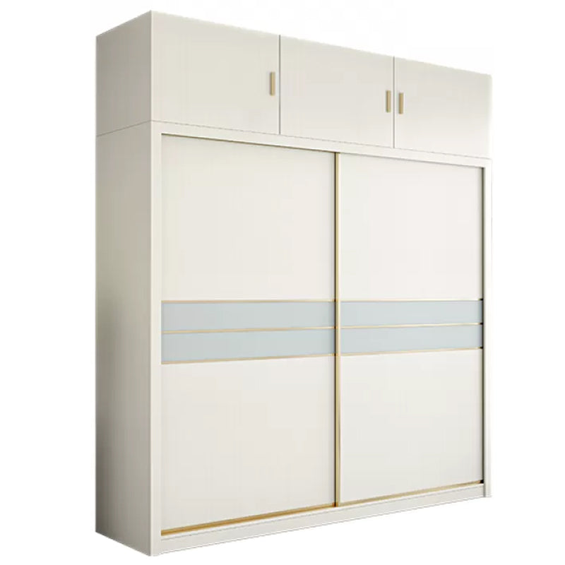 Contemporary Freestanding Wood Wardrobe Sliding Soft Close Doors in White Armoire with Top Cabinet Clearhalo 'Armoires & Wardrobes' 'armoires_wardrobes' 'Bedroom Furniture' 'furn' 'furn_armoires_wardrobes' 'Furniture' 6857418