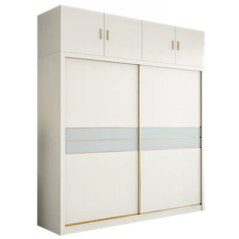 Contemporary Freestanding Wood Wardrobe Sliding Soft Close Doors in White Armoire with Top Cabinet Clearhalo 'Armoires & Wardrobes' 'armoires_wardrobes' 'Bedroom Furniture' 'furn' 'furn_armoires_wardrobes' 'Furniture' 6857421