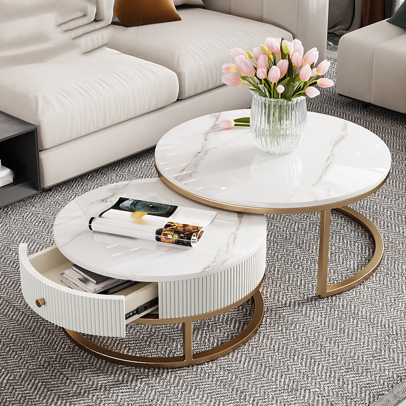 Round Coffee Table Slate Frame Nesting Coffee Table Set with Drawer Ivory Clearhalo 'Coffee & Accent Tables' 'Coffee Tables' 'coffee_tables' 'furn' 'furn_coffee_tables' 'Furniture' 'Living Room Furniture' 6861065